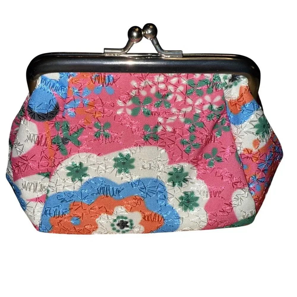 NWT Large Size Pink Floral Fabric Coin Card Purse Wallet Kiss Lock satin lined